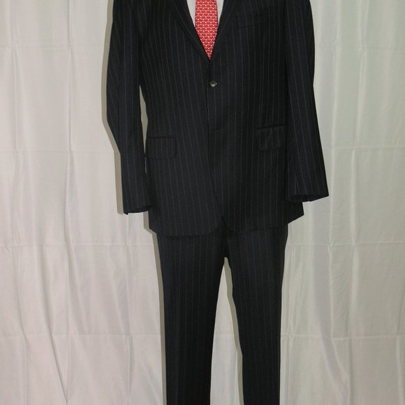 Arthur & Fox Flat Front Blue Striped Two Button Suit 44R - Picture 2 of 13